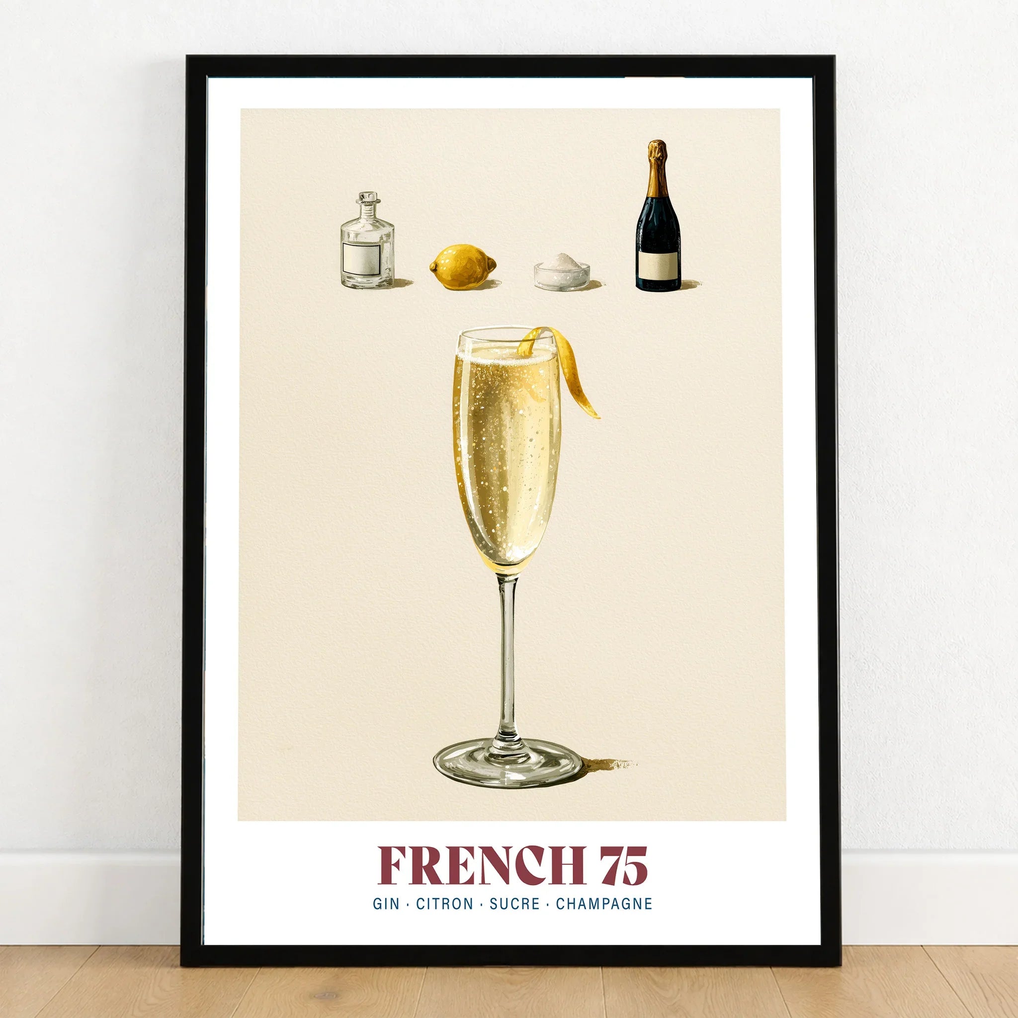 French 75 Cocktail Recipe Poster - art print in black frame on wooden floor