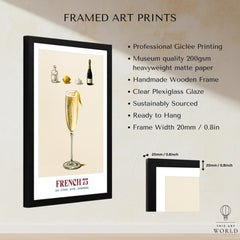 French 75 Cocktail Recipe Poster - framed print details measurements quality details