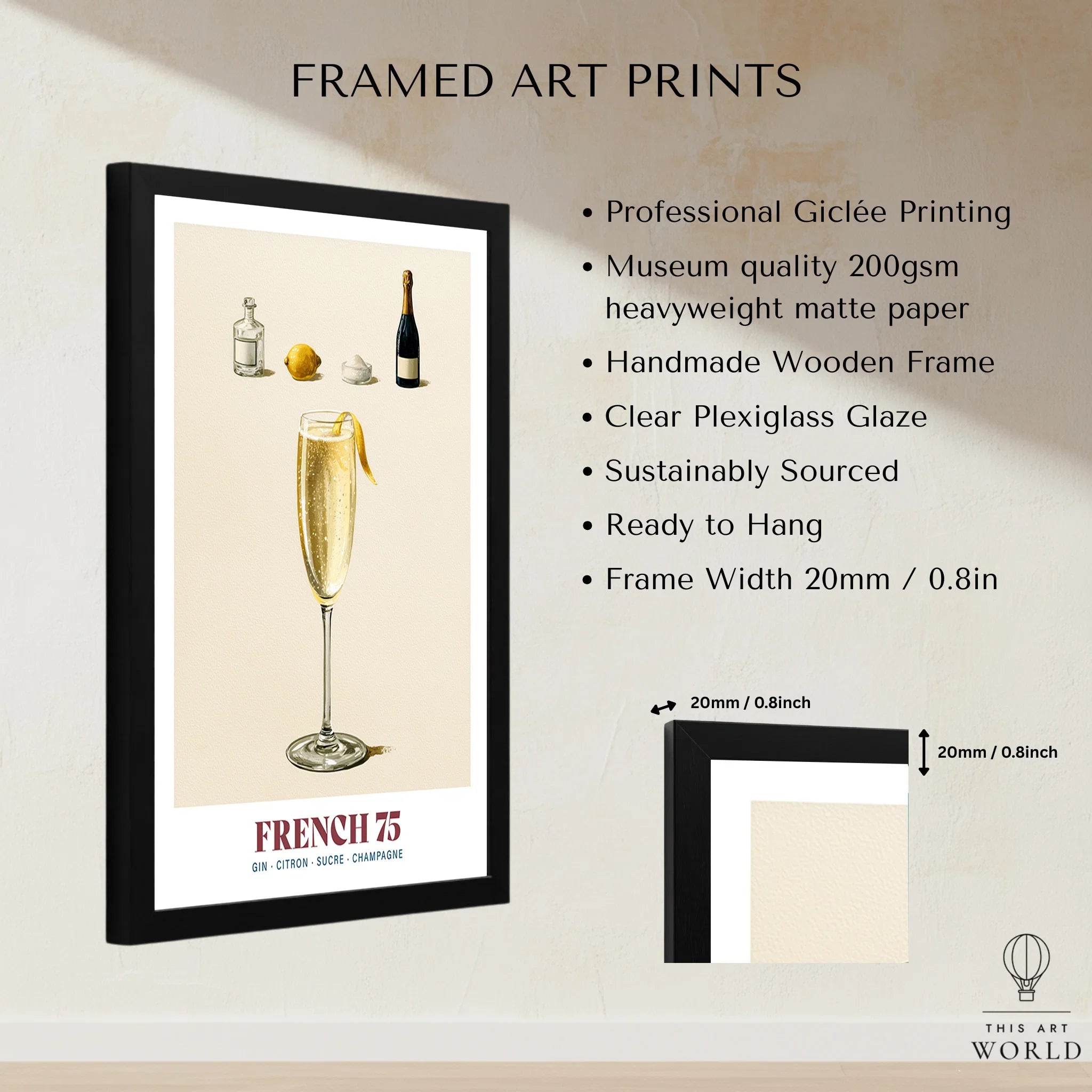 French 75 Cocktail Recipe Poster - framed print details measurements quality details