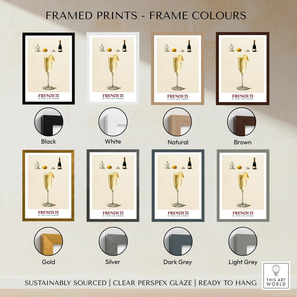 French 75 Cocktail Recipe Poster - framed print colour options