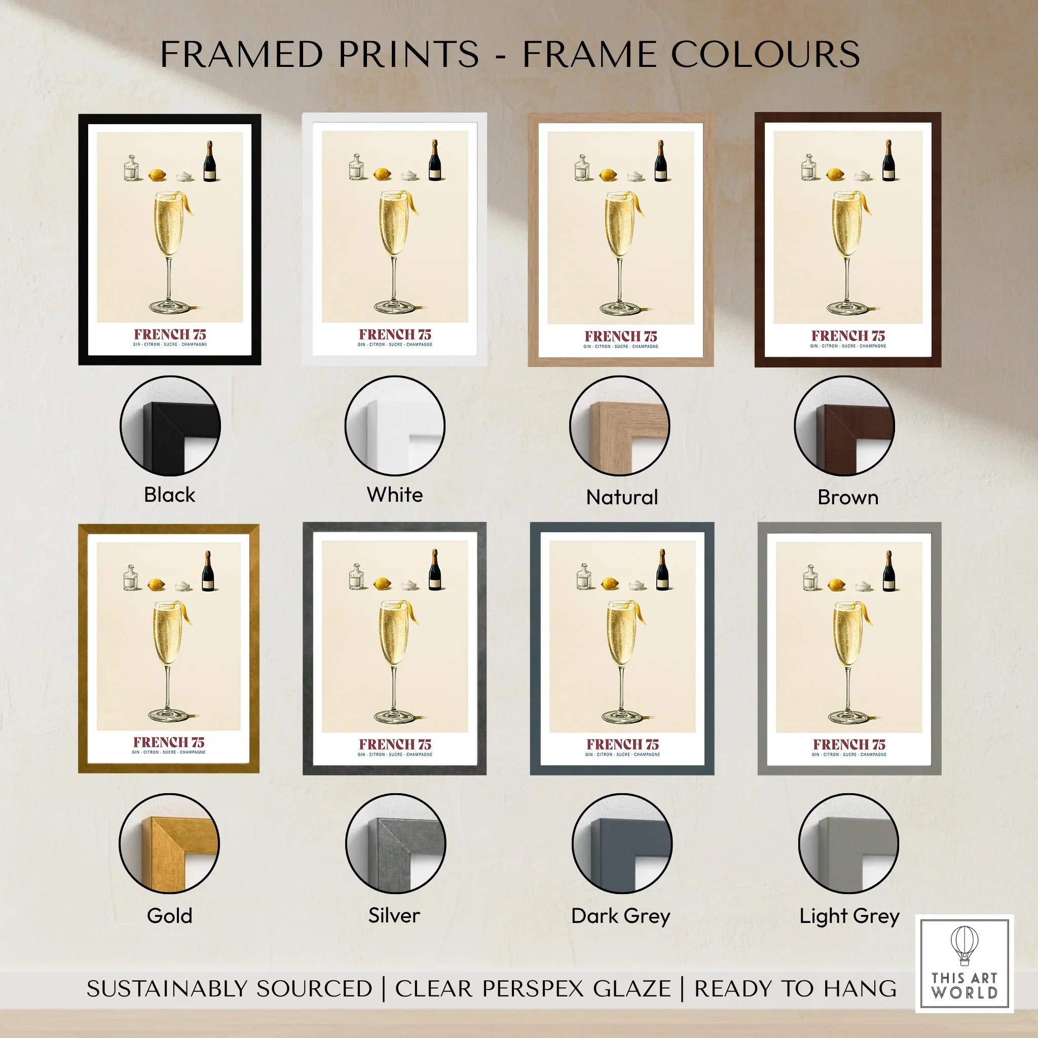 French 75 Cocktail Recipe Poster - framed print colour options