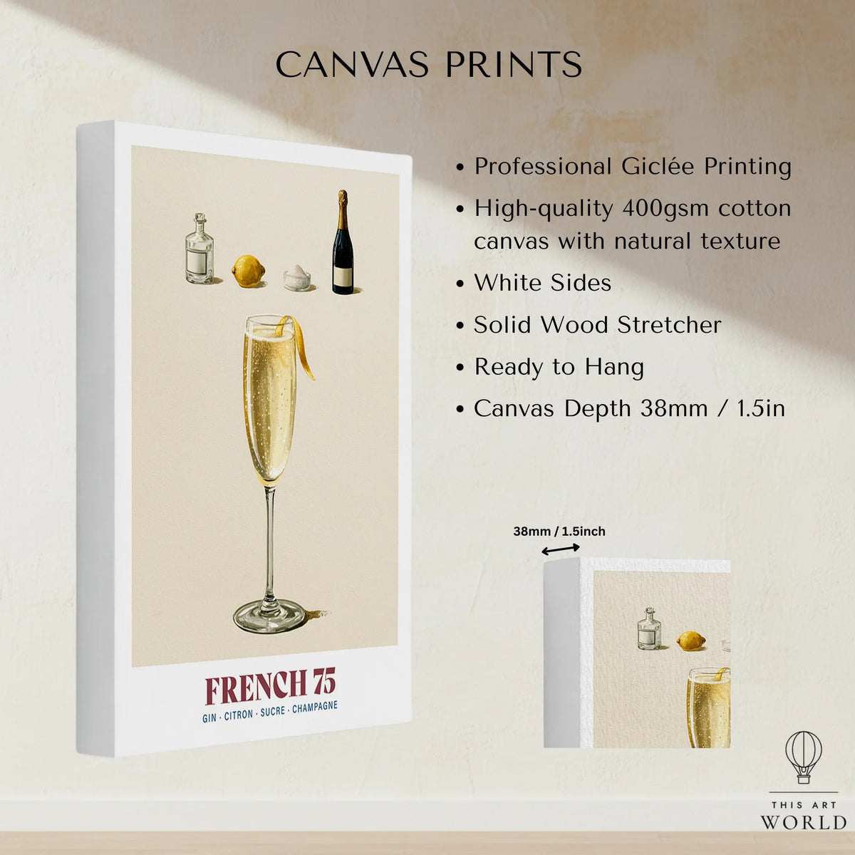 French 75 Cocktail Recipe Poster - canvas print stretched cotton canvas details
