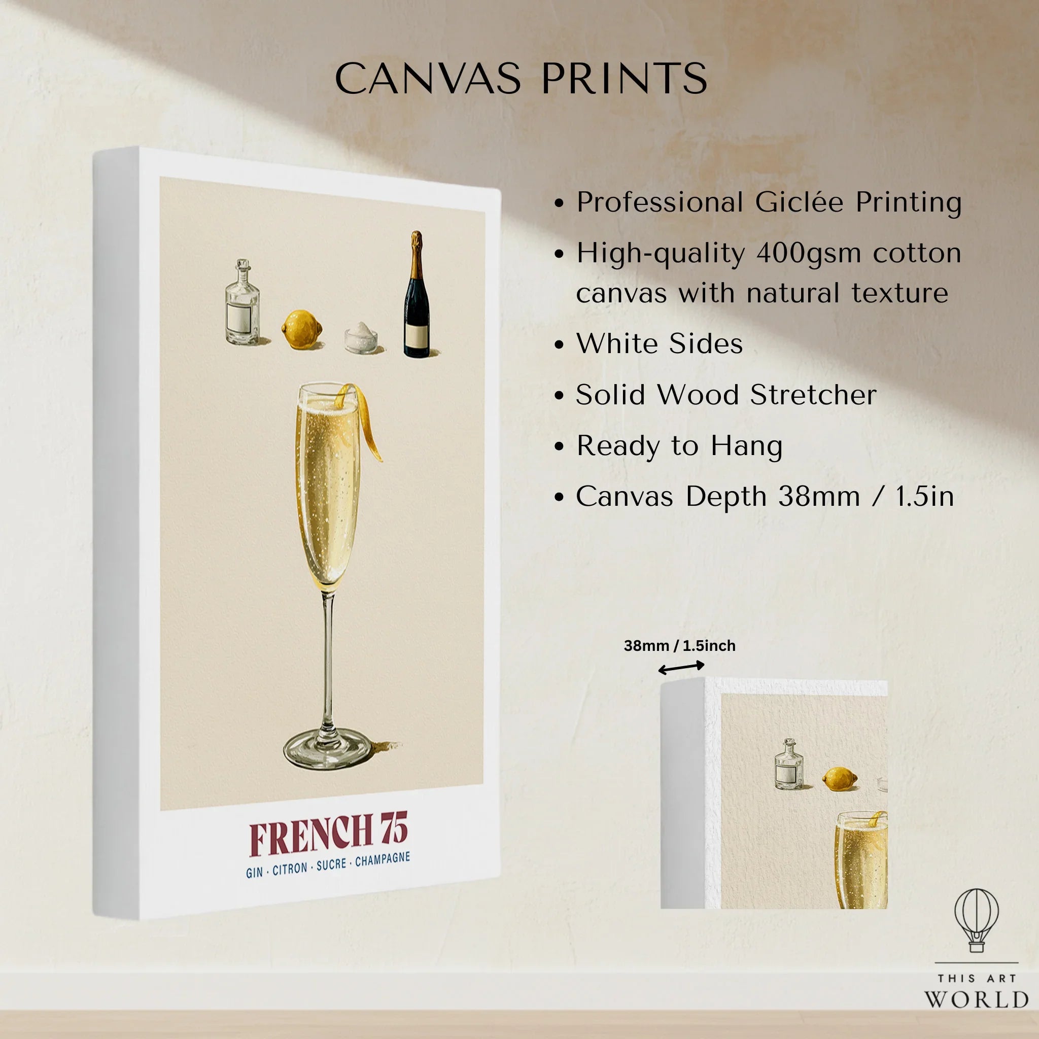 French 75 Cocktail Recipe Poster - canvas print stretched cotton canvas details