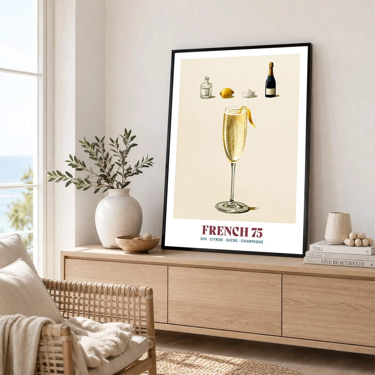 French 75 Cocktail Recipe Poster - framed artwork living room lifestyle setting