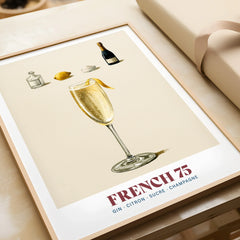 French 75 Cocktail Recipe Poster - framed art print closeup gift unwrapped natural frame