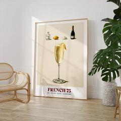 French 75 Cocktail Recipe Poster - large framed print room setting chair plant