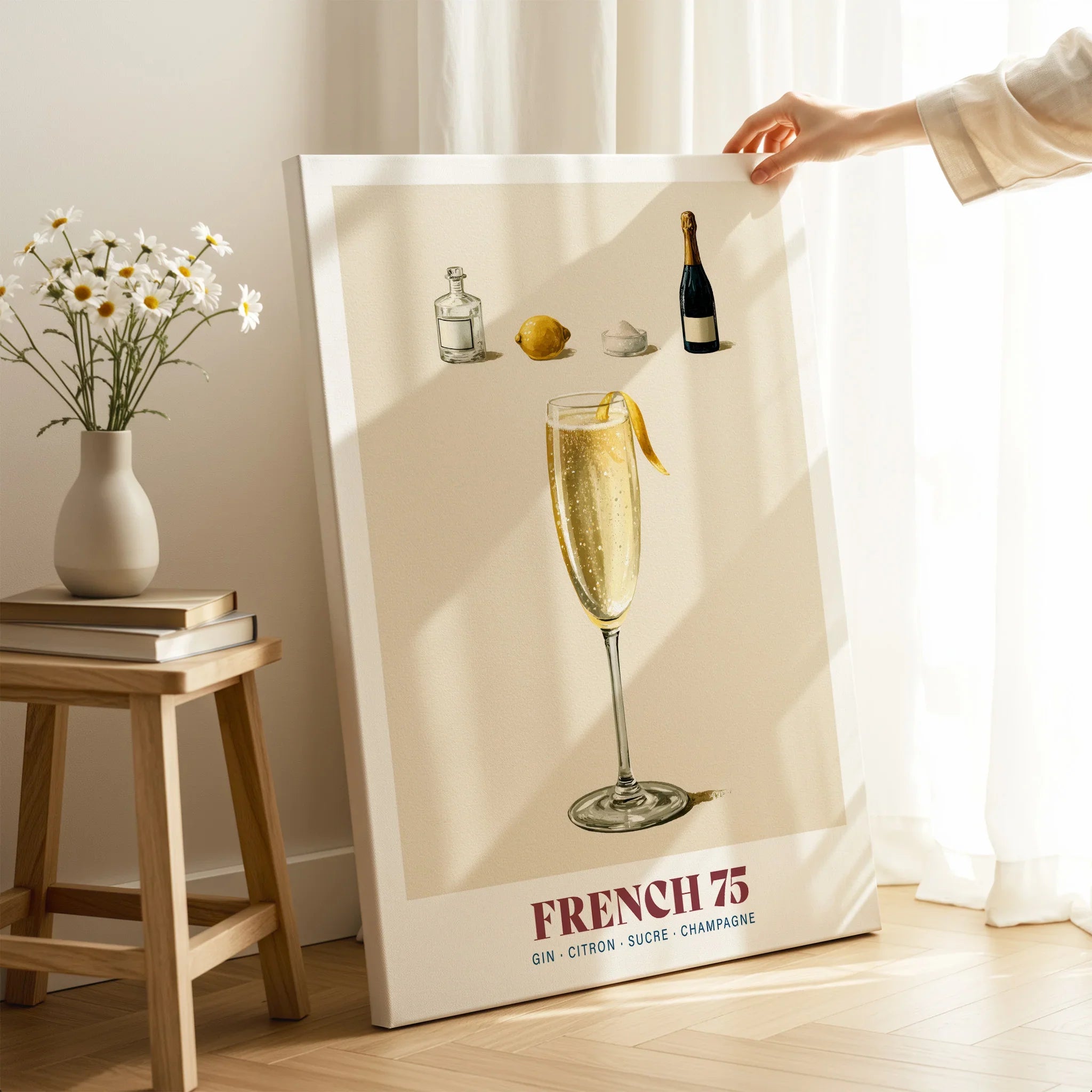 French 75 Cocktail Recipe Poster - canvas print mirror edge hand holding room setting