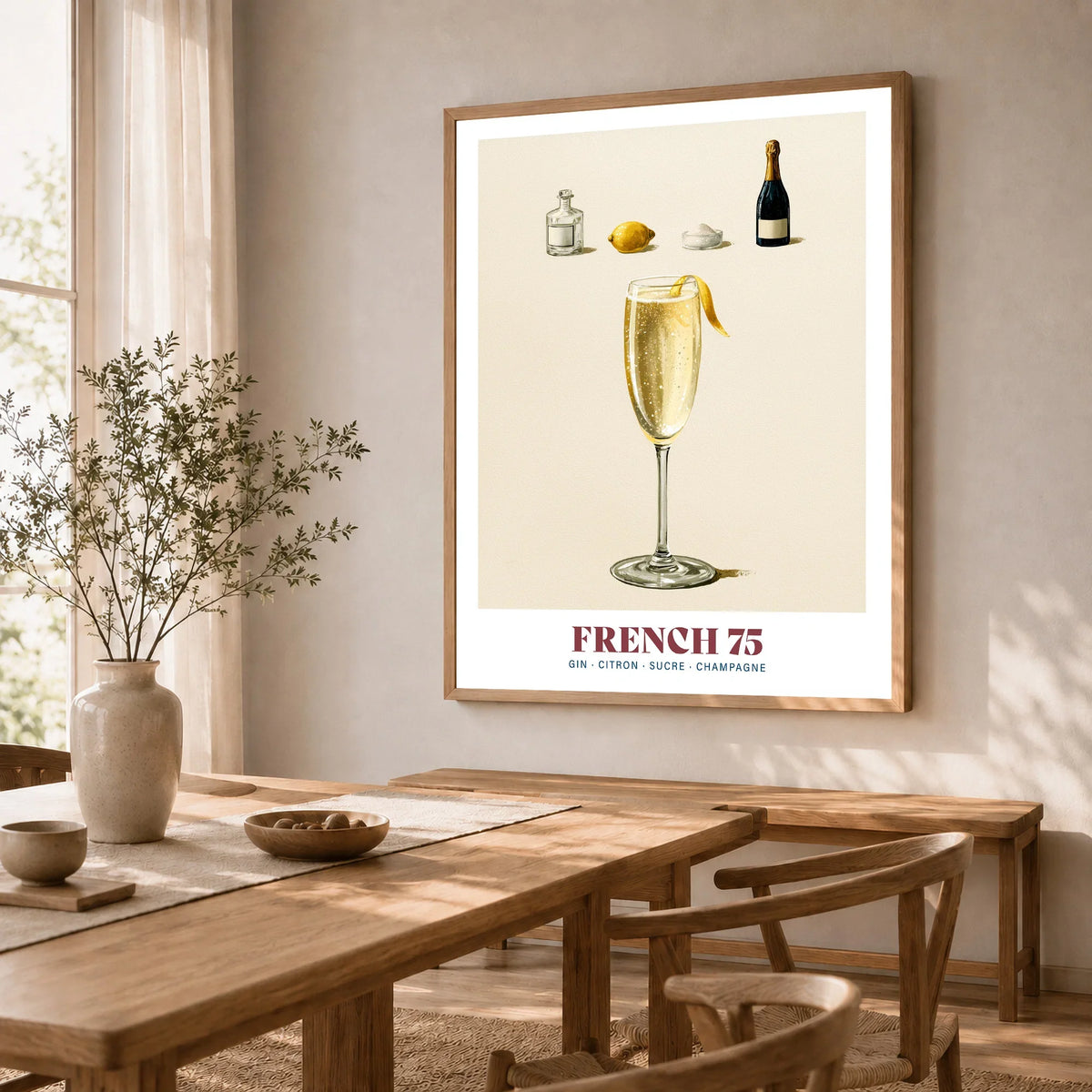 French 75 Cocktail Recipe Poster - dining room framed print natural wood frame mockup ThisArtWorld