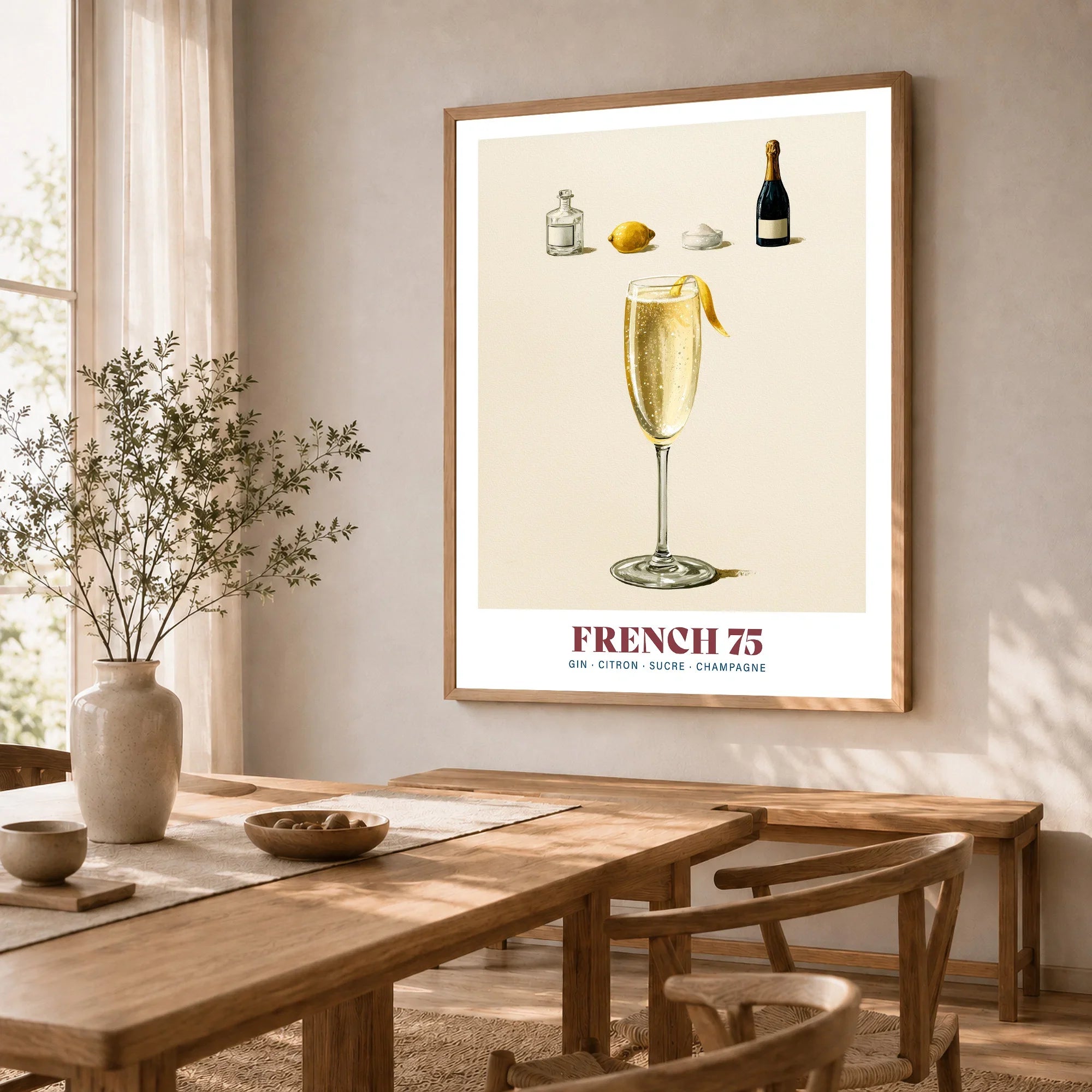 French 75 Cocktail Recipe Poster - dining room framed print natural wood frame mockup ThisArtWorld