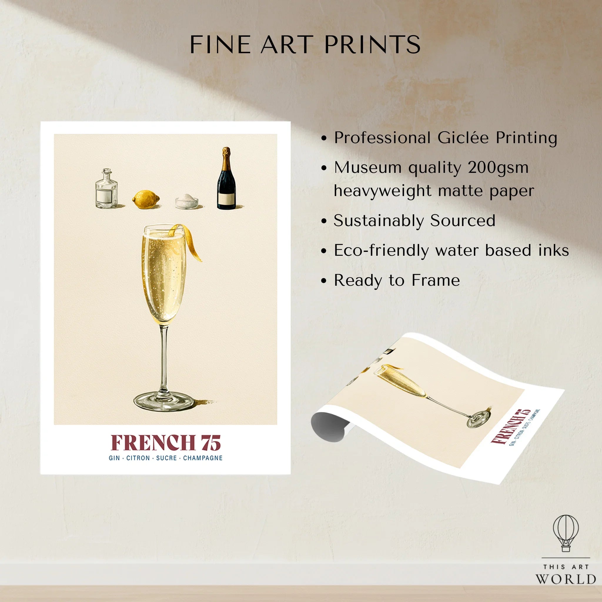 French 75 Cocktail Recipe Poster - fine art print unframed quality details