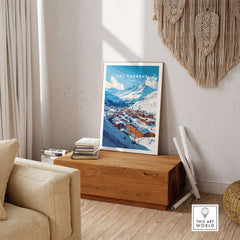 French Alps Ski Village Poster | Cosy Val Thorens Scene displayed in a cozy living room setting.