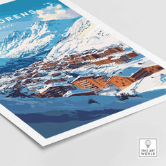 French Alps Ski Village Poster | Cosy Val Thorens Scene showcasing a picturesque winter landscape with snow-covered buildings and mountains.