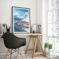 French Alps Ski Village Poster | Cosy Val Thorens Scene displayed in a bright and cozy workspace with natural light.