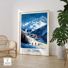 French Alps wall art featuring Val Cenis ski slopes and chalet with skiers, perfect for decor.