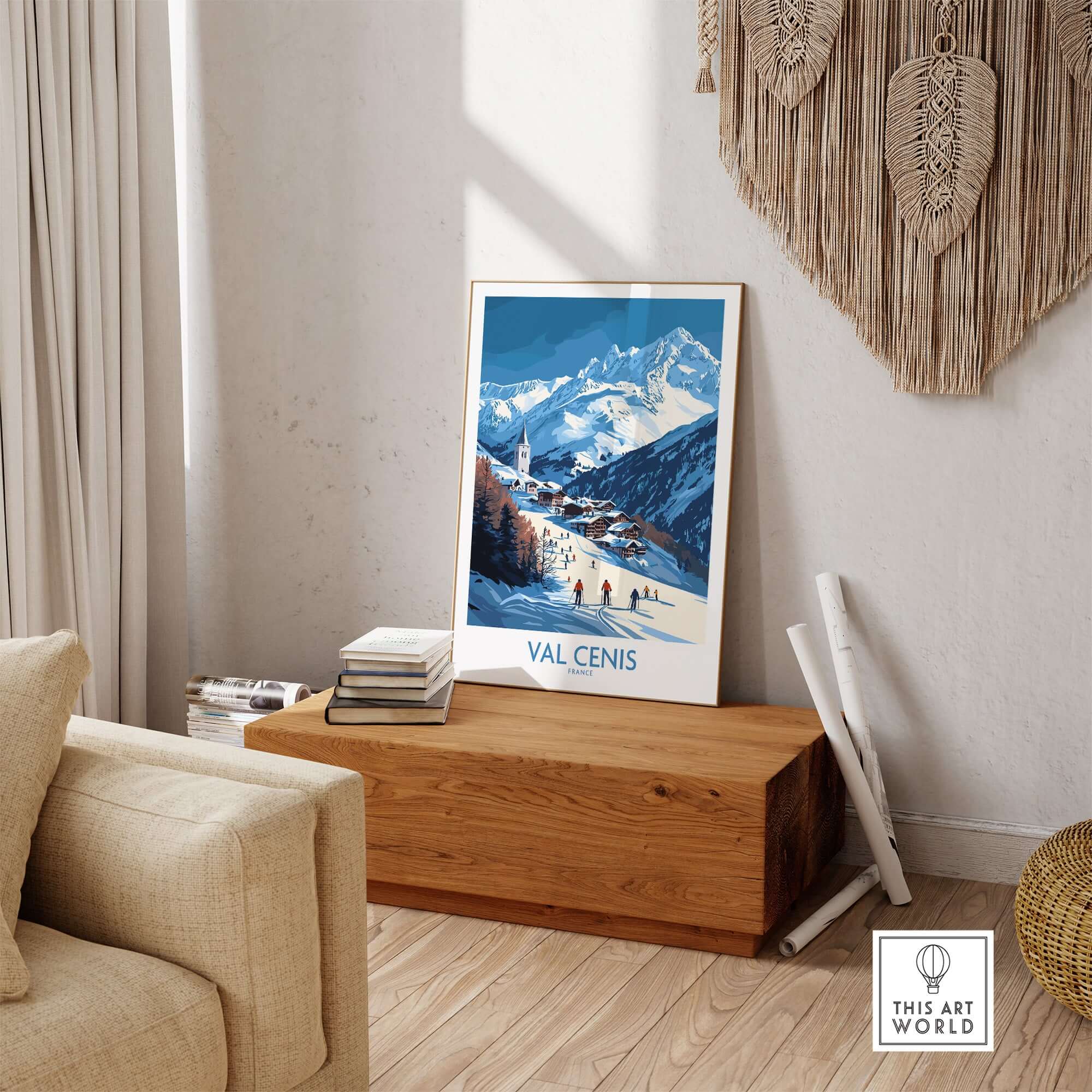 French Alps wall art featuring ski chalet and slopes of Val Cenis, perfect for home or office decor.