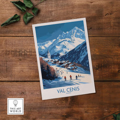 Val Cenis wall art featuring skiers and a chalet in the French Alps, perfect for winter décor.