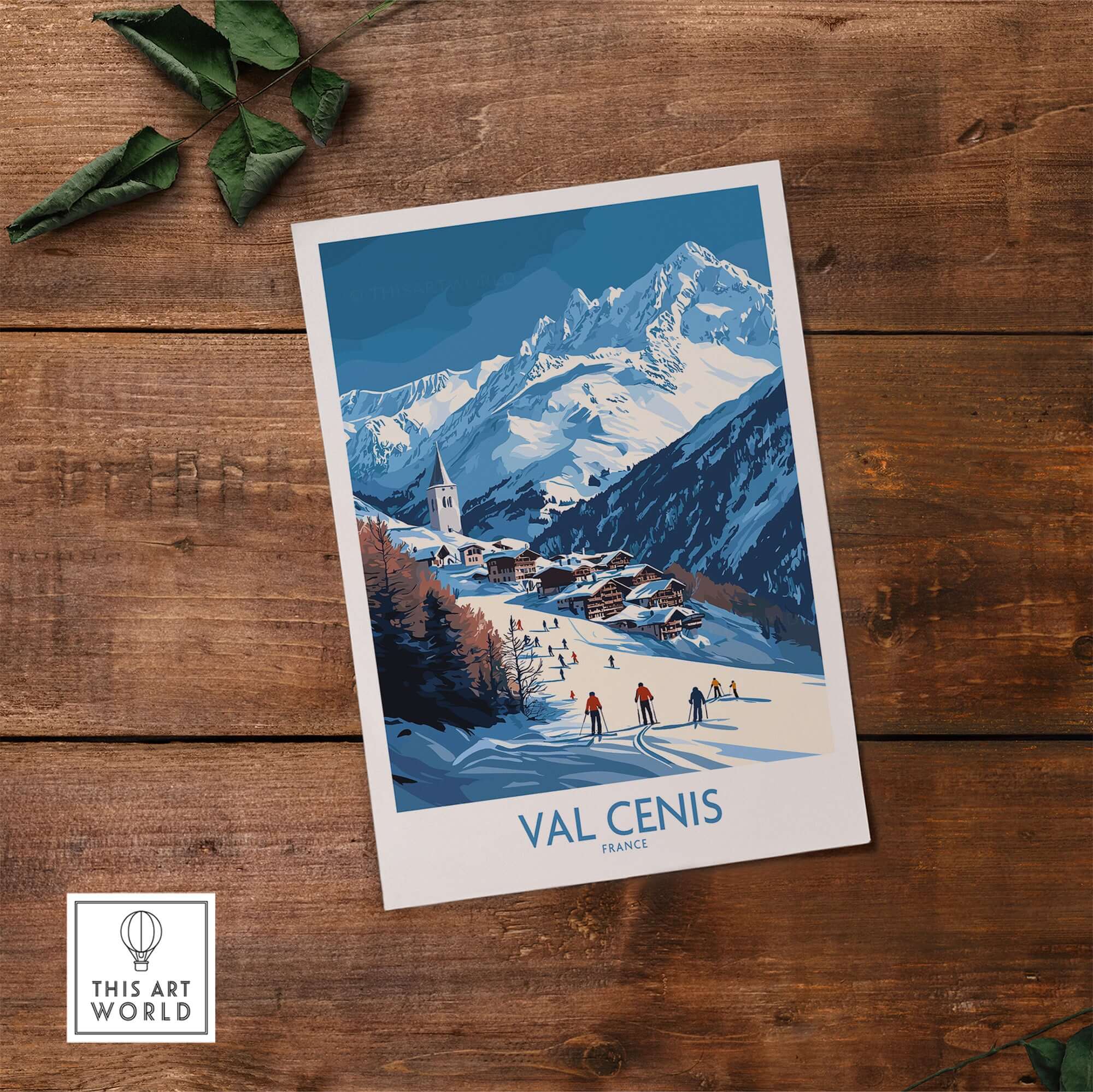 Val Cenis wall art featuring skiers and a chalet in the French Alps, perfect for winter décor.