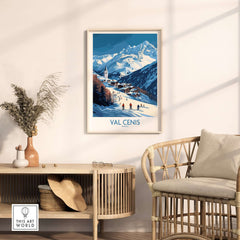 Framed French Alps wall art featuring skiers and a chalet in Val Cenis, perfect for home or office decor.