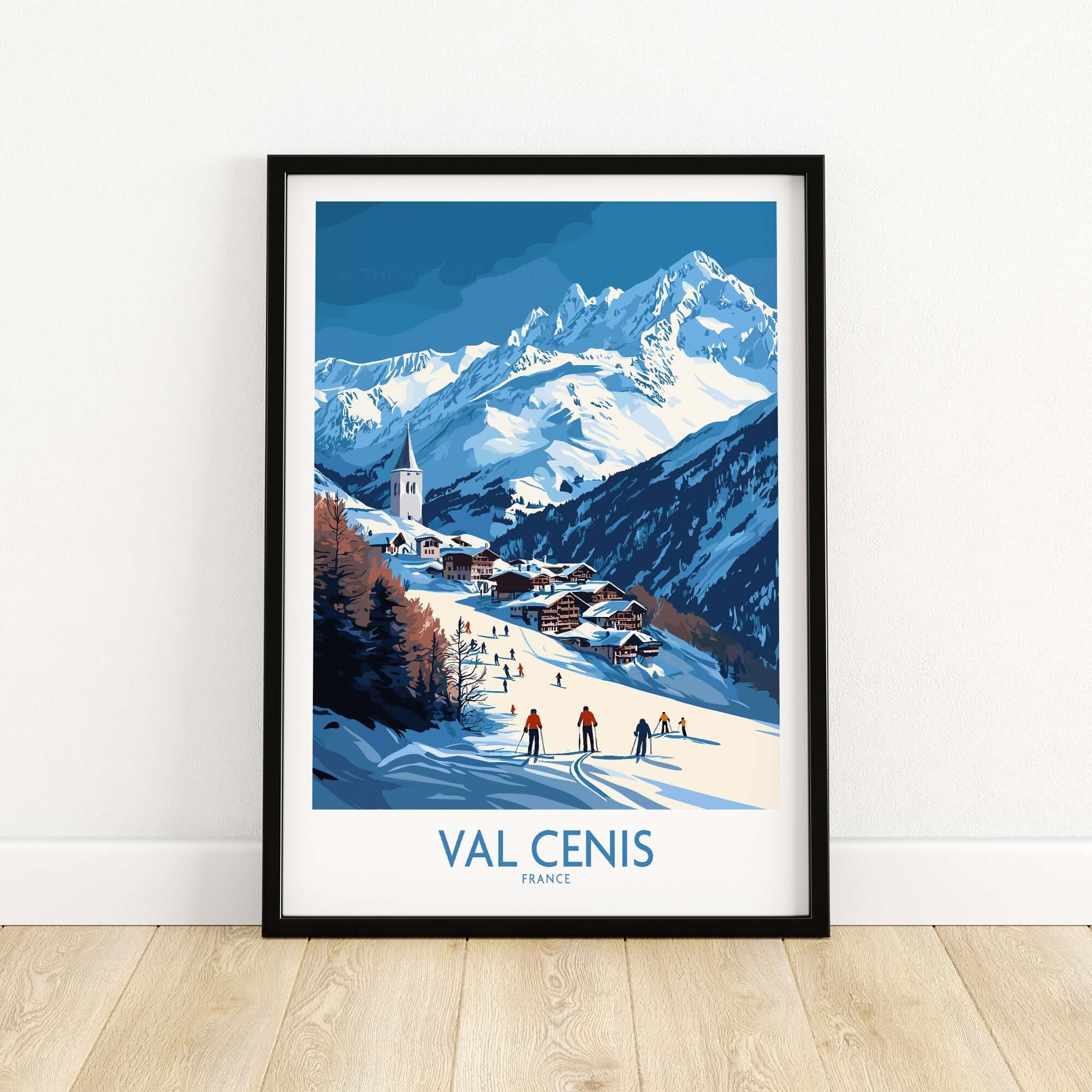 Val Cenis wall art print featuring skiers, chalets, and snow-capped mountains in the French Alps.