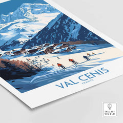 Val Cenis wall art featuring ski chalets and skiers in the French Alps, perfect for winter-themed decor.