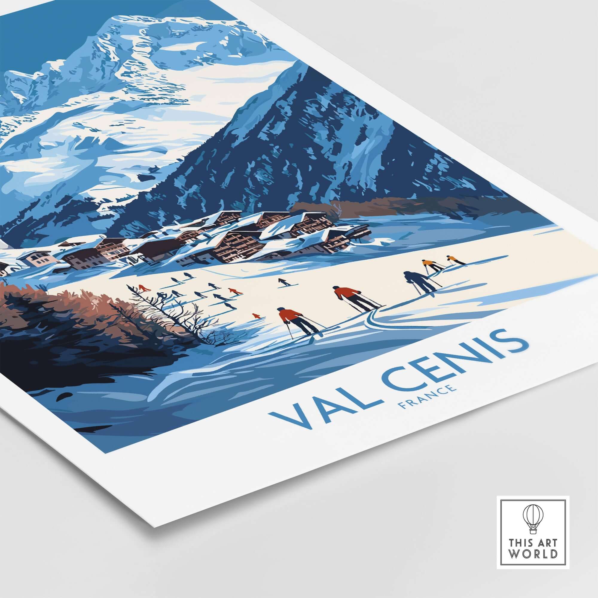 Val Cenis wall art featuring ski chalets and skiers in the French Alps, perfect for winter-themed decor.