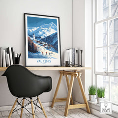 Val Cenis wall art featuring skiers and a ski chalet, perfect for home or office decor.