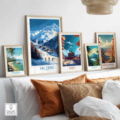 Framed wall art featuring Val Cenis ski scene alongside other travel posters for a stylish home decor.