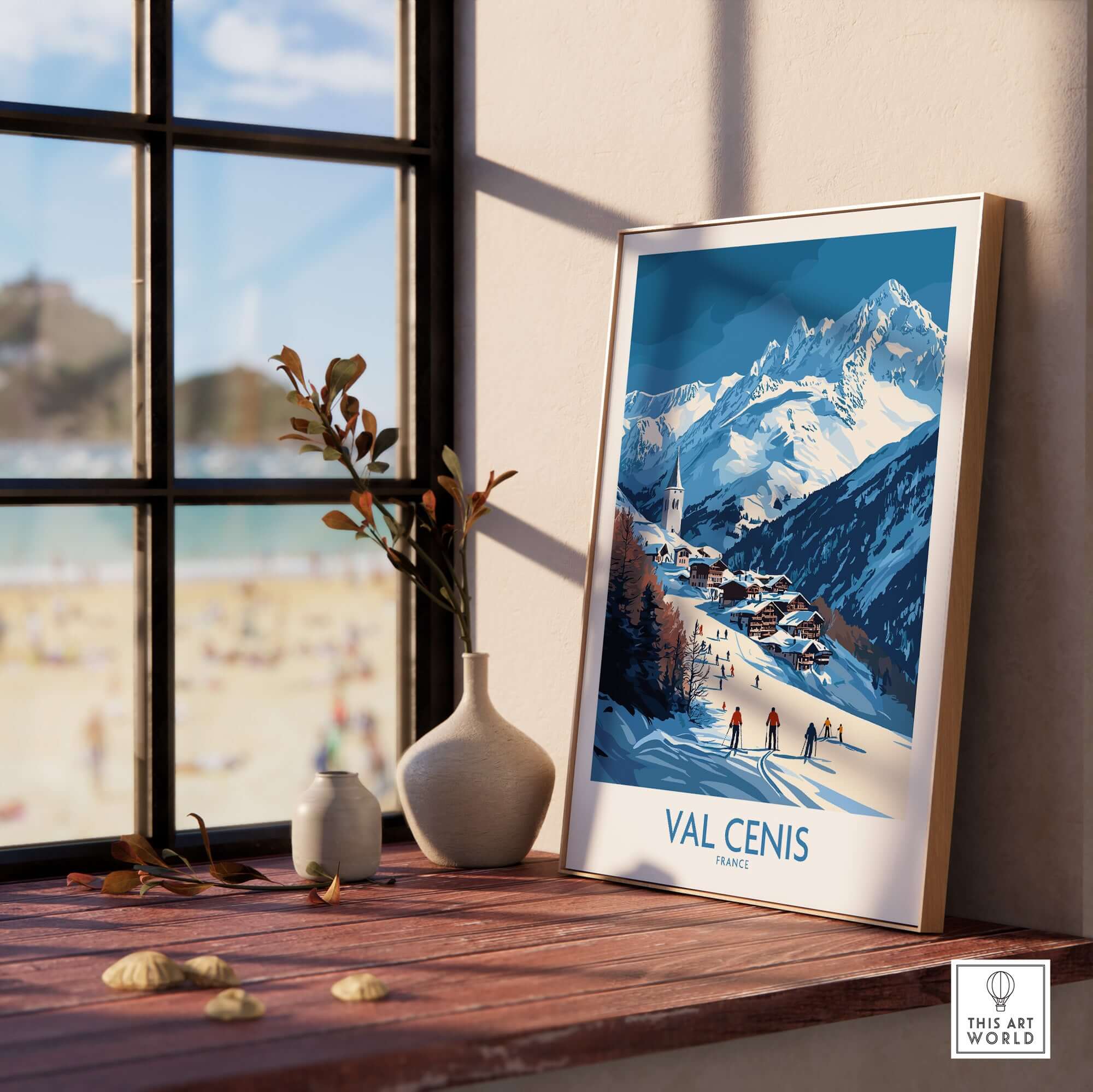 French Alps wall art featuring Val Cenis ski slopes, showcasing a snowy landscape with skiers and a charming chalet.