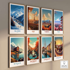Gallery of vibrant city posters featuring Val Cenis, Paris, Florence, Tokyo, Reykjavik, Amsterdam, Copenhagen, and Barcelona.
