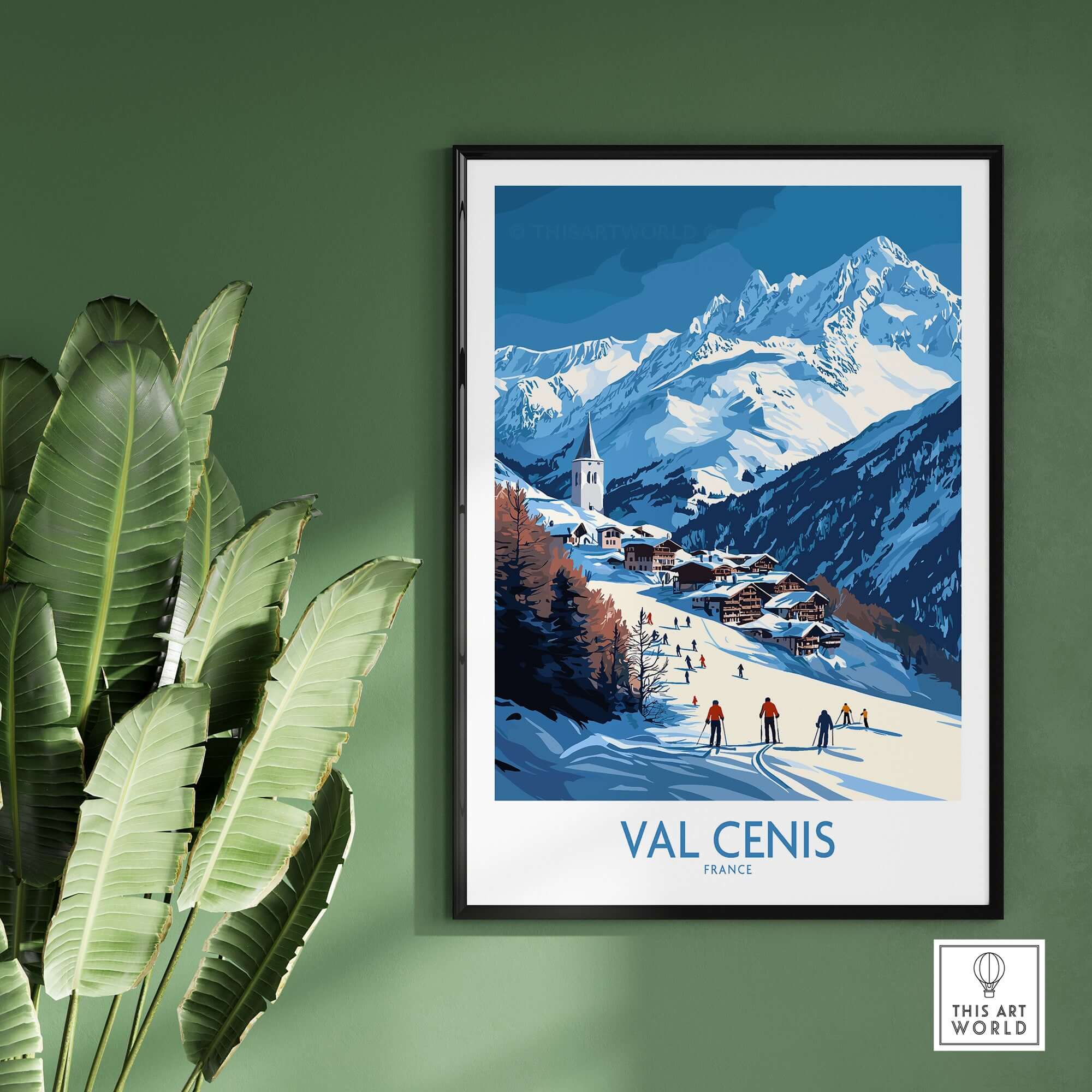Val Cenis wall art featuring a picturesque ski chalet and skiers in the French Alps, perfect for home or office decor.