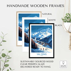 Handmade wooden frames in natural, white, and black for Val Cenis ski wall art, sustainably sourced and ready to hang.