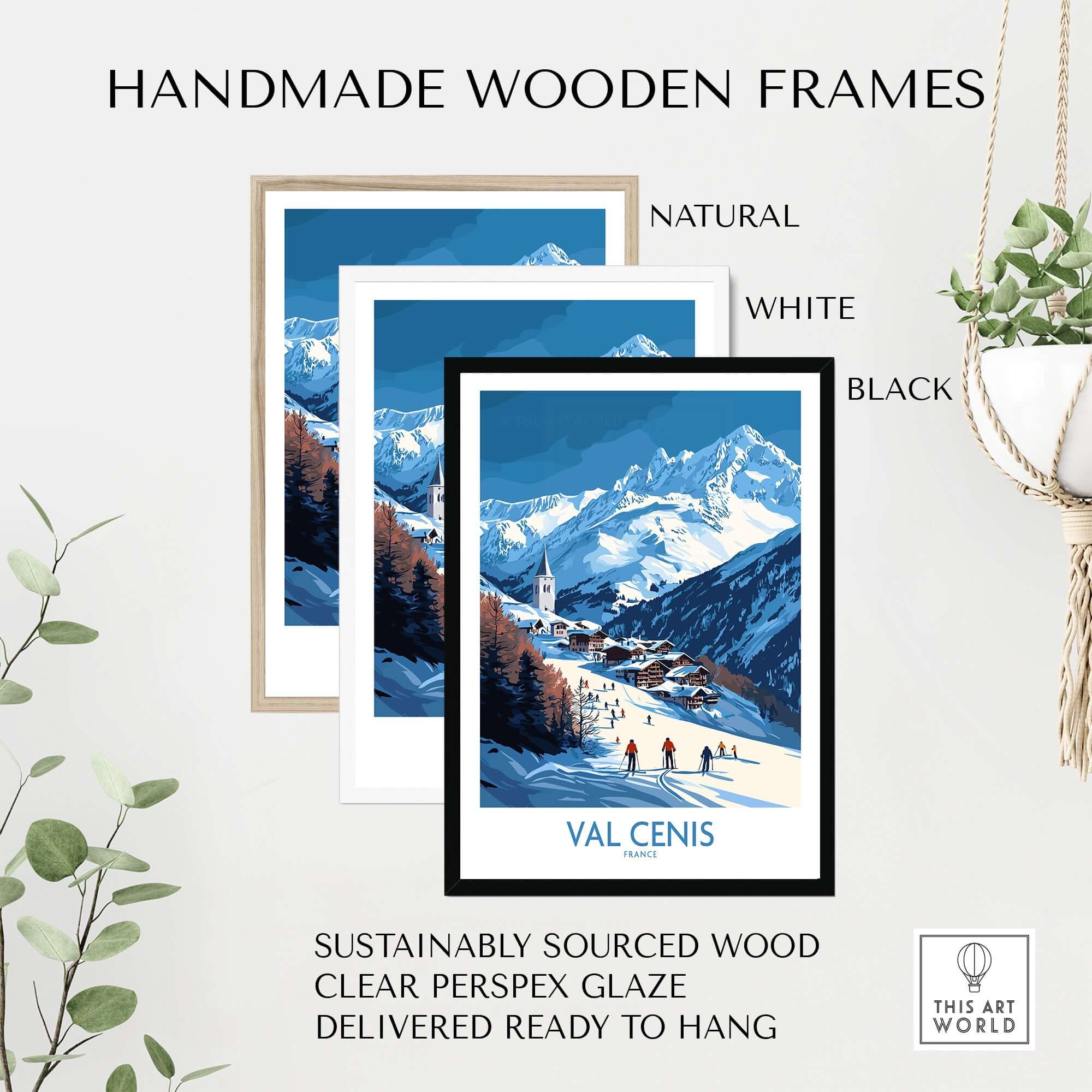 Handmade wooden frames in natural, white, and black for Val Cenis ski wall art, sustainably sourced and ready to hang.