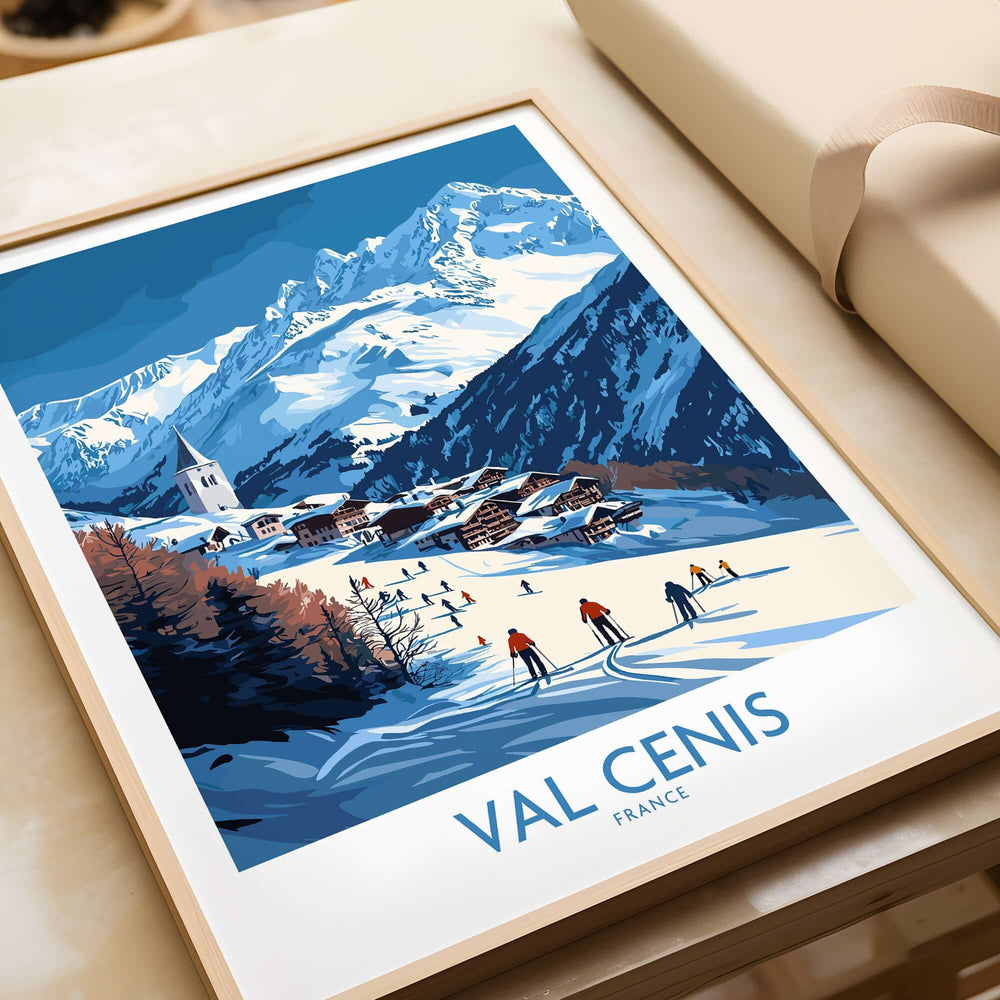Val Cenis France wall art featuring ski chalet and skiers in the picturesque French Alps winter landscape.