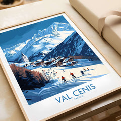 Val Cenis France wall art featuring ski chalet and skiers in the picturesque French Alps winter landscape.