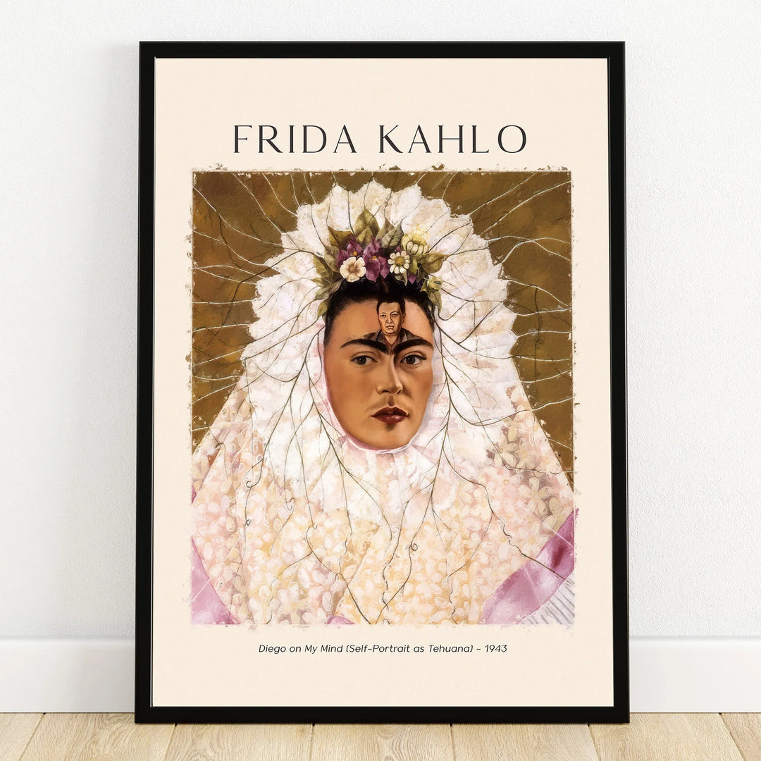 Frida Kahlo art print in black frame, featuring floral headpiece and detailed self-portrait.