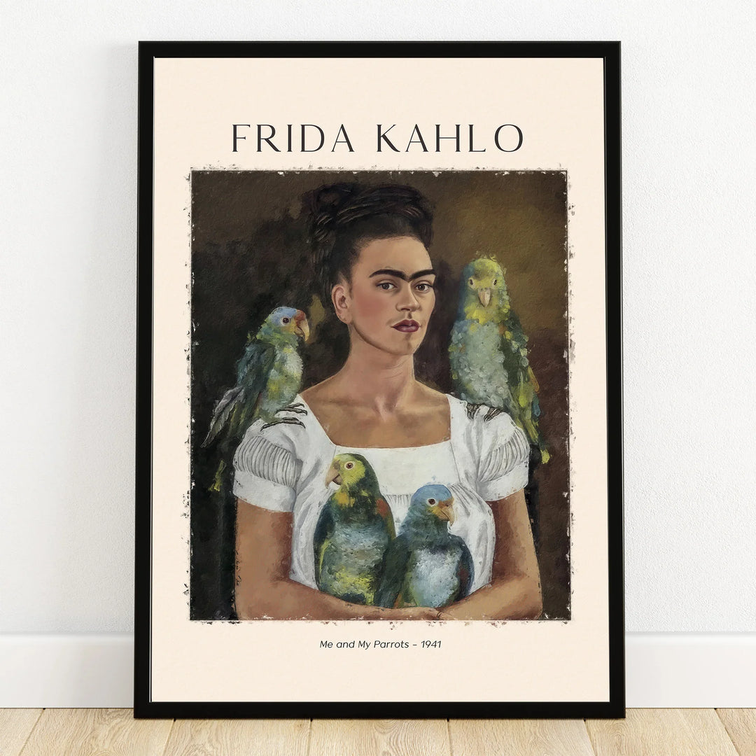 Frida Kahlo portrait poster with parrots, black frame, wall art print