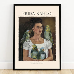 Frida Kahlo portrait poster with parrots, black frame, wall art print