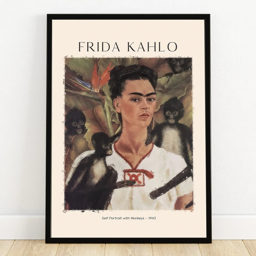 Frida Kahlo self-portrait wall art print with monkeys in a black frame