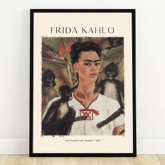 Frida Kahlo self-portrait wall art print with monkeys in a black frame