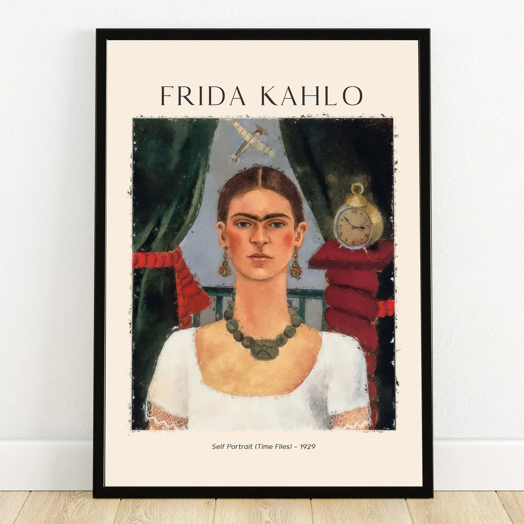 Framed art print of Frida Kahlo self-portrait with green curtains and vintage clock