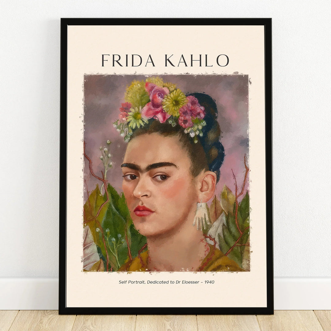 Frida Kahlo self-portrait wall art print in black frame, floral headpiece, colorful home decor