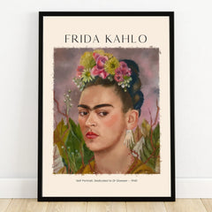 Frida Kahlo self-portrait wall art print in black frame, floral headpiece, colorful home decor