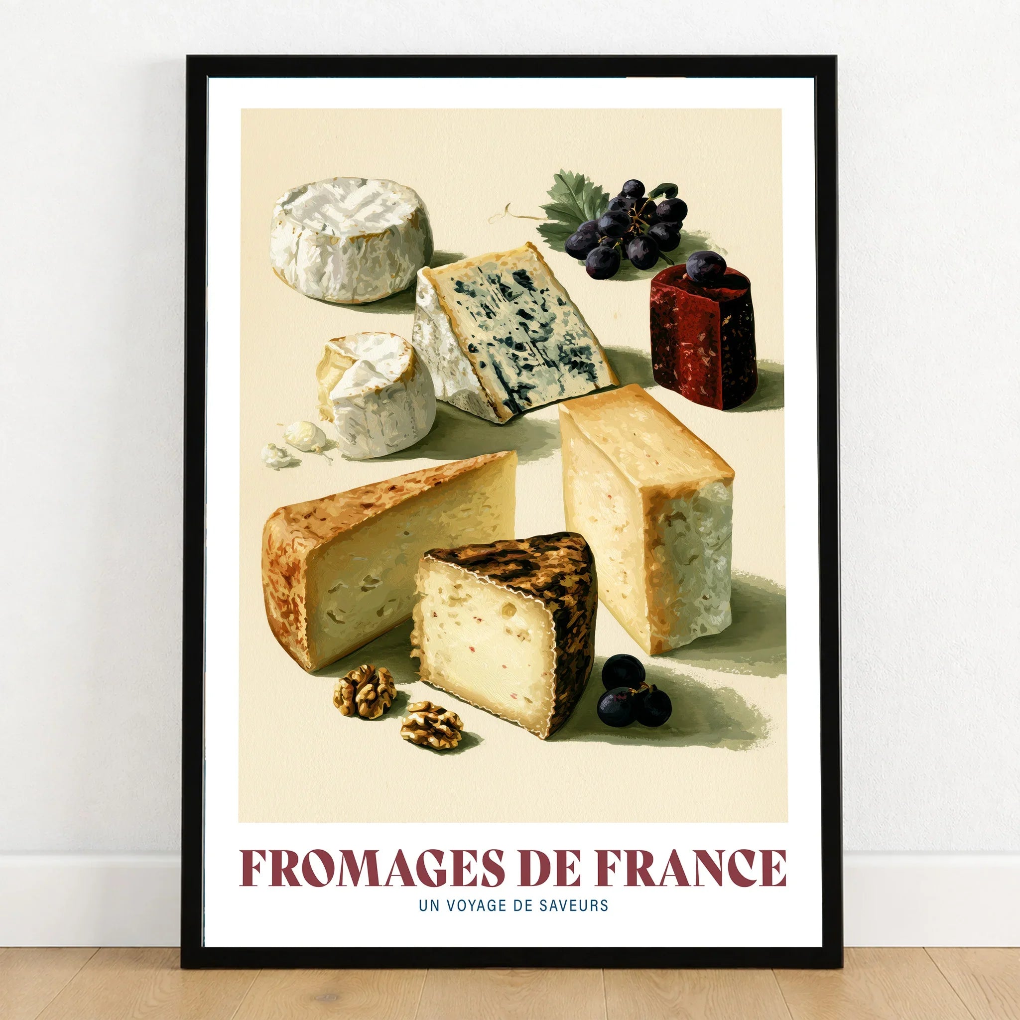 French Cheese Chart Kitchen Wall Art - art print in black frame on wooden floor