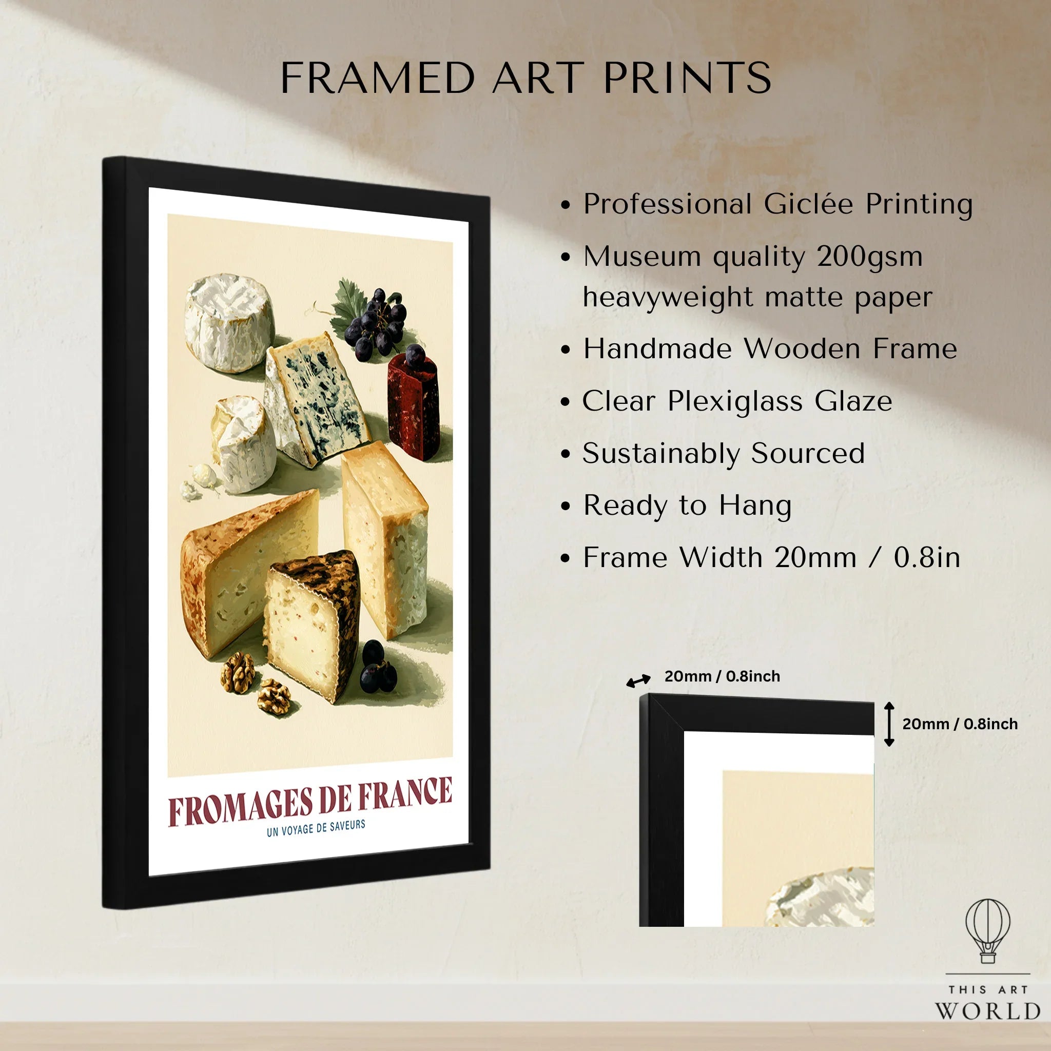 French Cheese Chart Kitchen Wall Art - framed print details measurements quality details