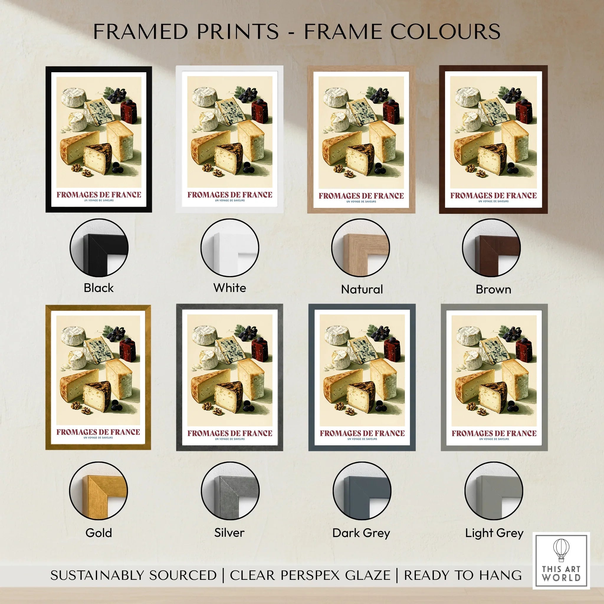 French Cheese Chart Kitchen Wall Art - framed print colour options