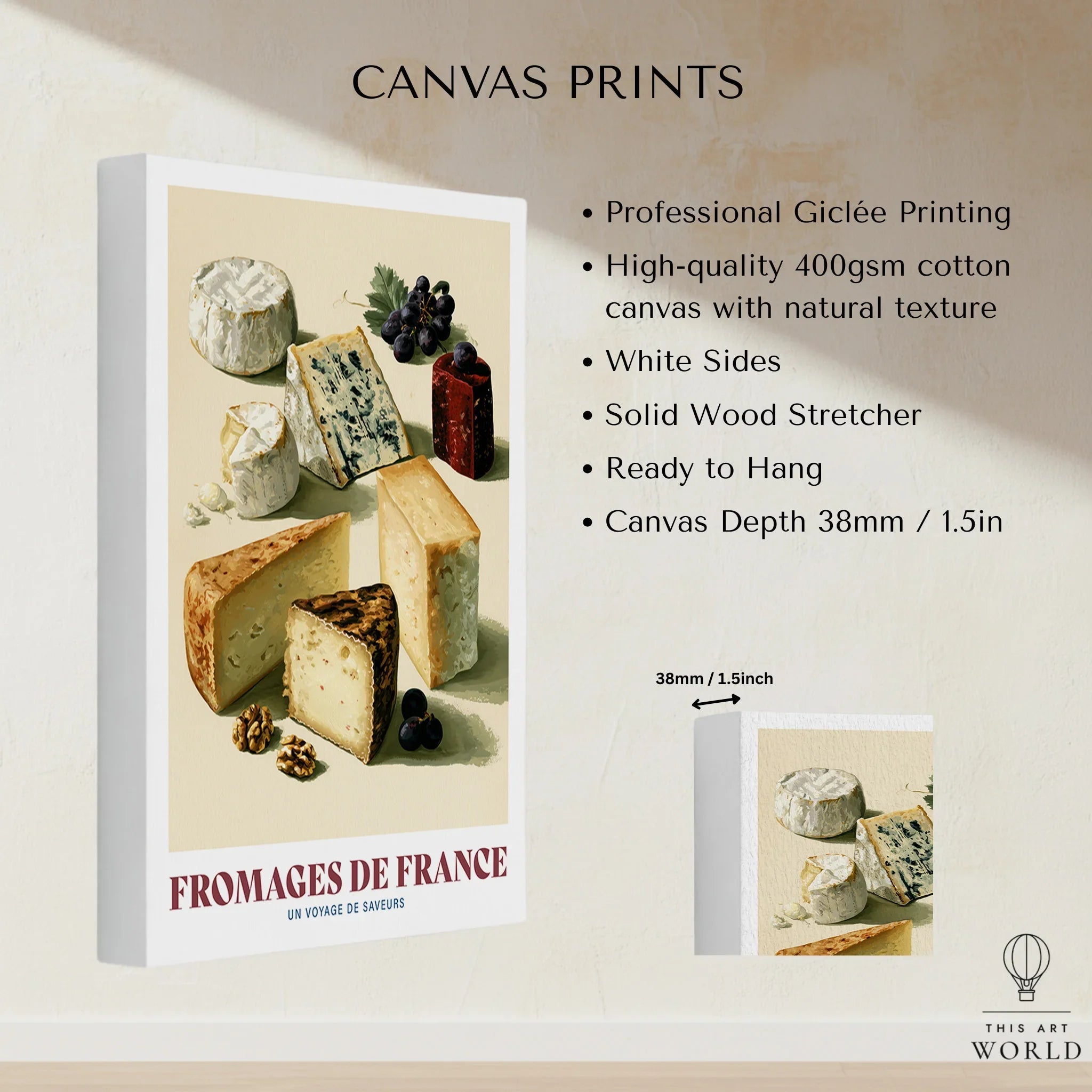 French Cheese Chart Kitchen Wall Art - canvas print stretched cotton canvas details