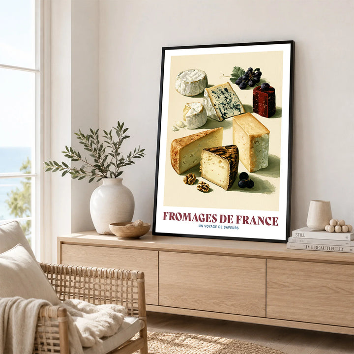 French Cheese Chart Kitchen Wall Art - framed artwork living room lifestyle setting