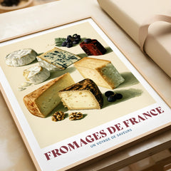 French Cheese Chart Kitchen Wall Art - framed art print closeup gift unwrapped natural frame