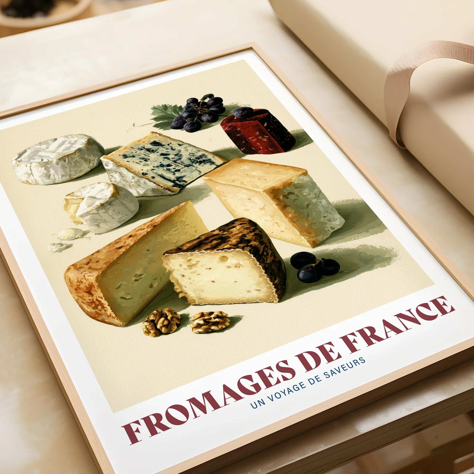 French Cheese Chart Kitchen Wall Art - framed art print closeup gift unwrapped natural frame