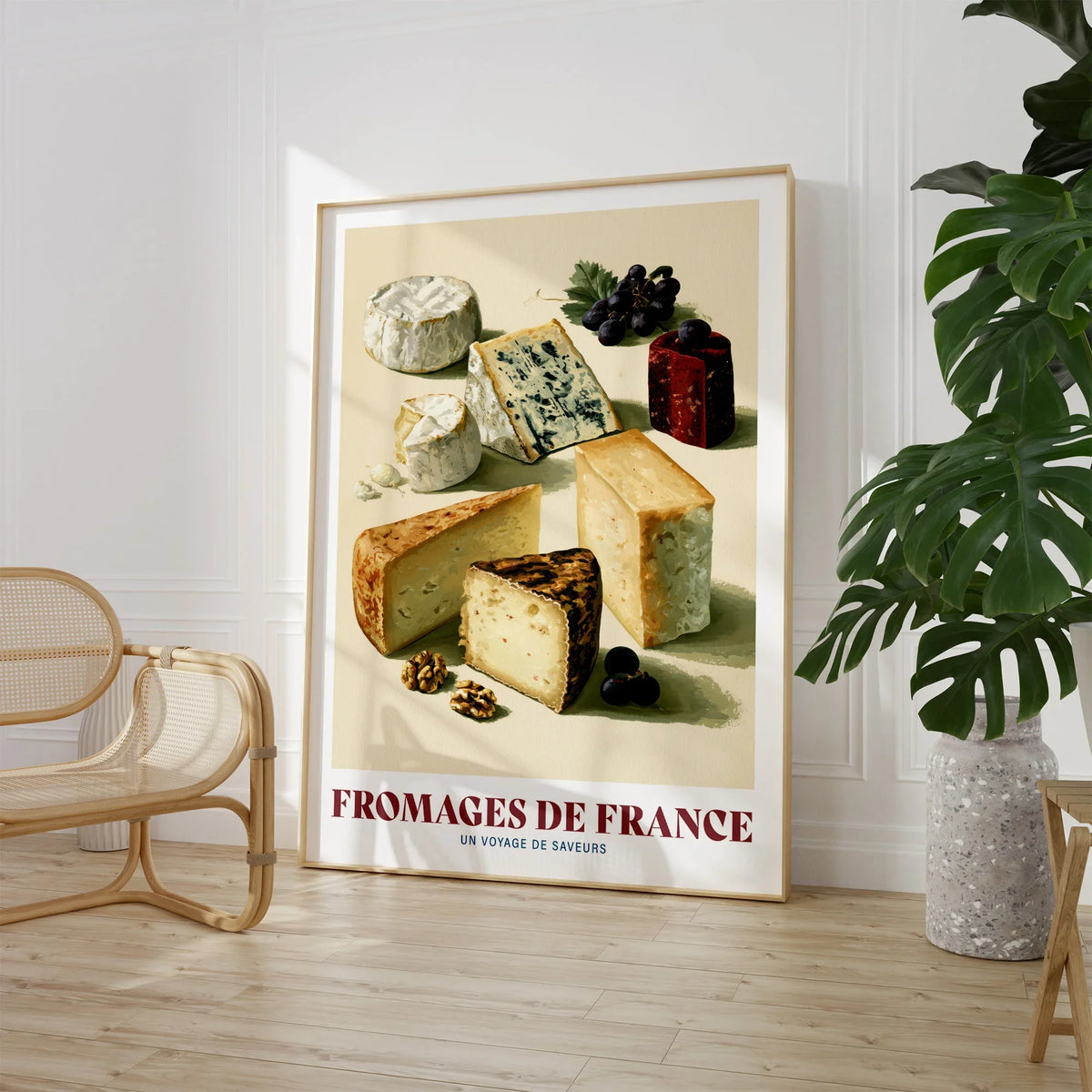 French Cheese Chart Kitchen Wall Art - large framed print room setting chair plant